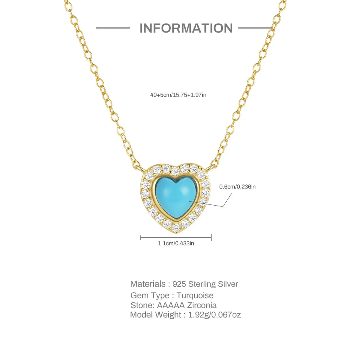 Sterling Silver Simple Style Heart Shape Plating Inlay Turquoise Zircon Necklace