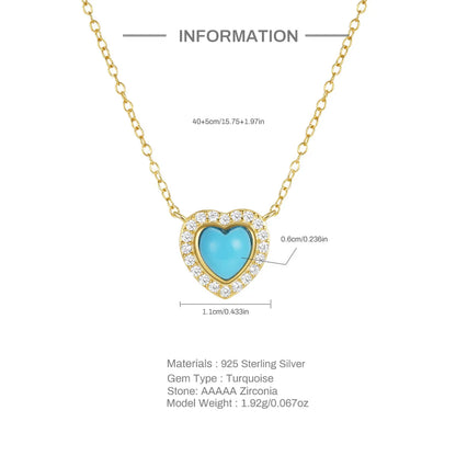 Sterling Silver Simple Style Heart Shape Plating Inlay Turquoise Zircon Necklace