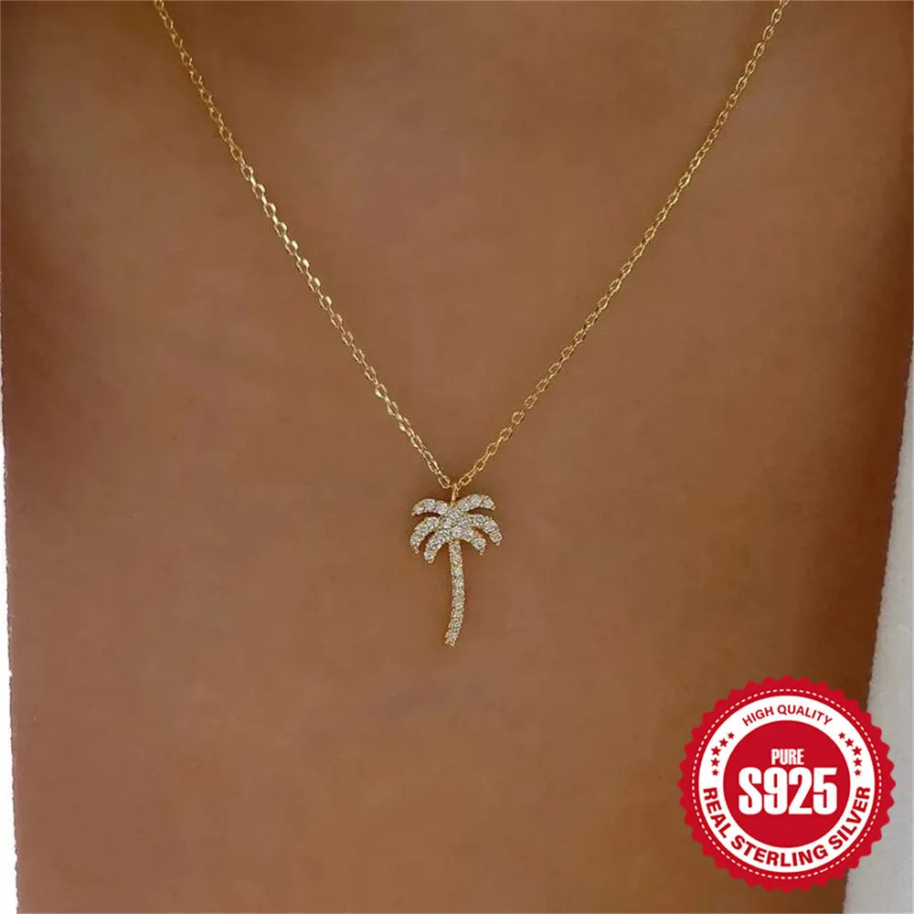 Sterling Silver Simple Style Plating Coconut Tree Zircon Pendant Necklace