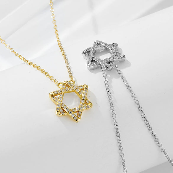 Sterling Silver Sixpointed Star Geometric Symbol Pendant Necklace With Microinlaid Zircon And Cross Chain For Women