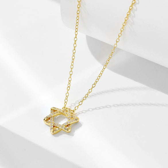 Sterling Silver Sixpointed Star Geometric Symbol Pendant Necklace With Microinlaid Zircon And Cross Chain For Women