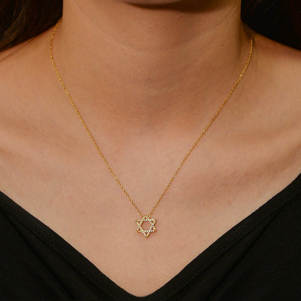 Sterling Silver Sixpointed Star Geometric Symbol Pendant Necklace With Microinlaid Zircon And Cross Chain For Women