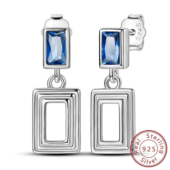 925 Sterling Silver Square Sea Blue Sparkling Gemstone Earrings Electroplated Jewelry For Women
