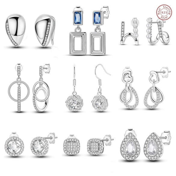 925 Sterling Silver Square Sea Blue Sparkling Gemstone Earrings Electroplated Jewelry For Women
