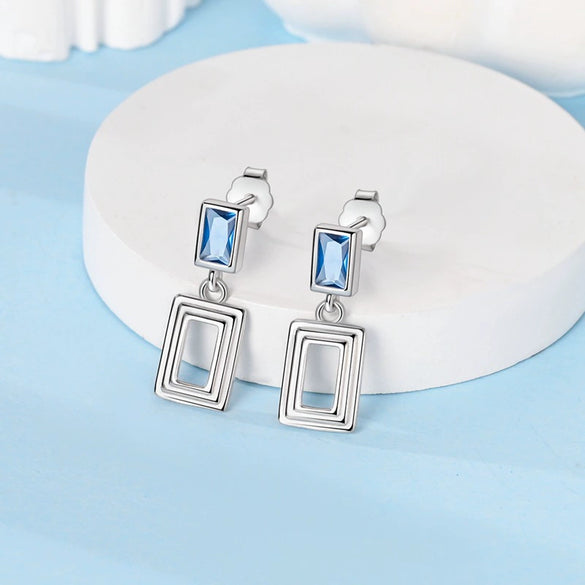 925 Sterling Silver Square Sea Blue Sparkling Gemstone Earrings Electroplated Jewelry For Women