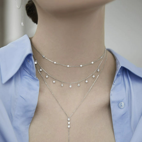 925 Sterling Silver Stacked Zircon Necklace Geometric Style High End Jewelry