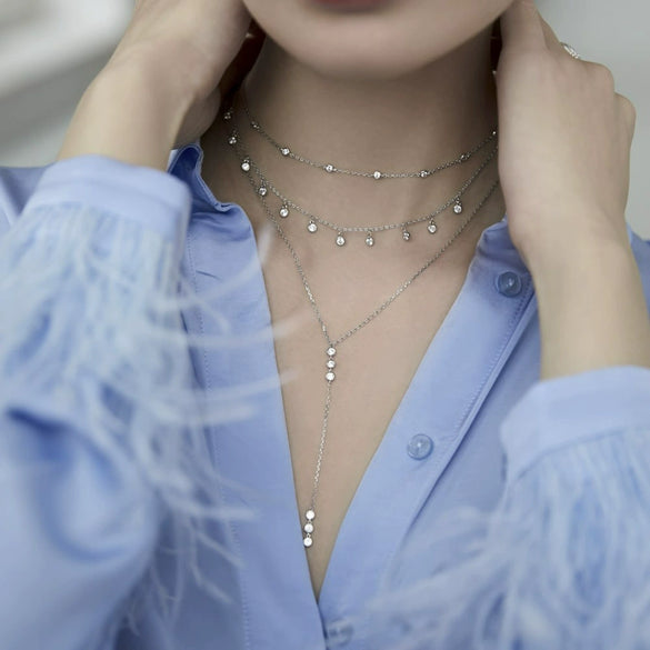 925 Sterling Silver Stacked Zircon Necklace Geometric Style High End Jewelry