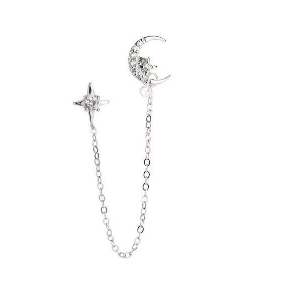 Sterling Silver Star And Moon Double Piercing Linked Tassel Earrings With Electroplated Finish For Women
