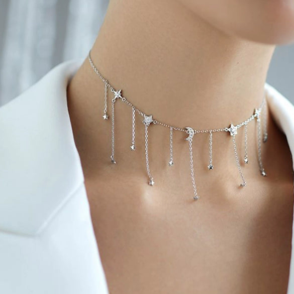 925 Sterling Silver Star And Moon Tassel Necklace