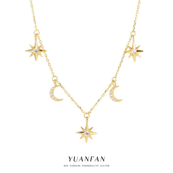 925 Sterling Silver Star Clavicle Stacked Necklace With Electroplating And Cross Chain Style