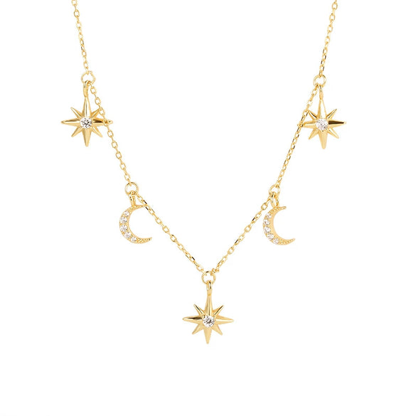 925 Sterling Silver Star Clavicle Stacked Necklace With Electroplating And Cross Chain Style