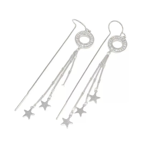 925 Sterling Silver Star Hoop Earrings For Women Elegant Long Tassel Dangle Earrings With Polished Flashy Finish Jewelry
