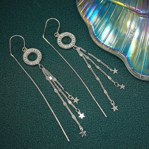 925 Sterling Silver Star Hoop Earrings For Women Elegant Long Tassel Dangle Earrings With Polished Flashy Finish Jewelry