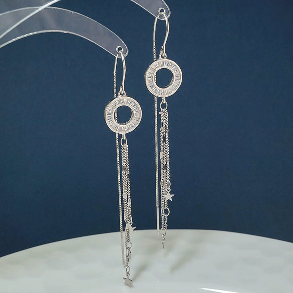 925 Sterling Silver Star Hoop Earrings For Women Elegant Long Tassel Dangle Earrings With Polished Flashy Finish Jewelry