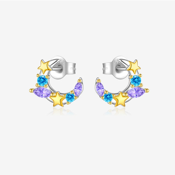 Sterling Silver Star Moon Earrings Electroplated Platinum 18K Gold Women's Style