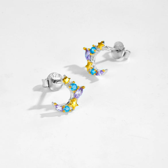 Sterling Silver Star Moon Earrings Electroplated Platinum 18K Gold Women's Style