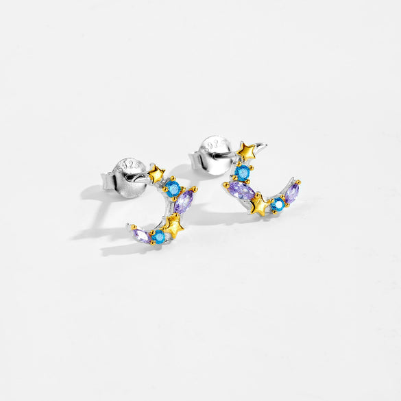 Sterling Silver Star Moon Earrings Electroplated Platinum 18K Gold Women's Style