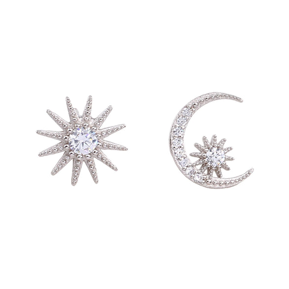 Sterling Silver Star Moon Microinlay Minimalist Earrings For Female