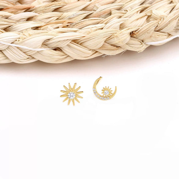 Sterling Silver Star Moon Microinlay Minimalist Earrings For Female