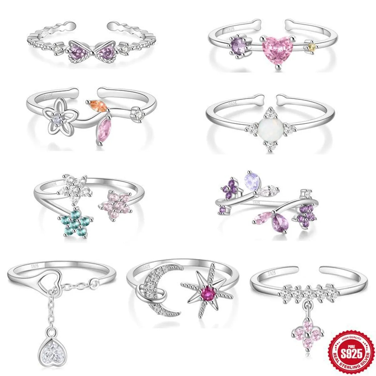 Sterling Silver Sweet Shiny Heart Shape Flower Bow Knot Plating Flowers Zircon Open Rings