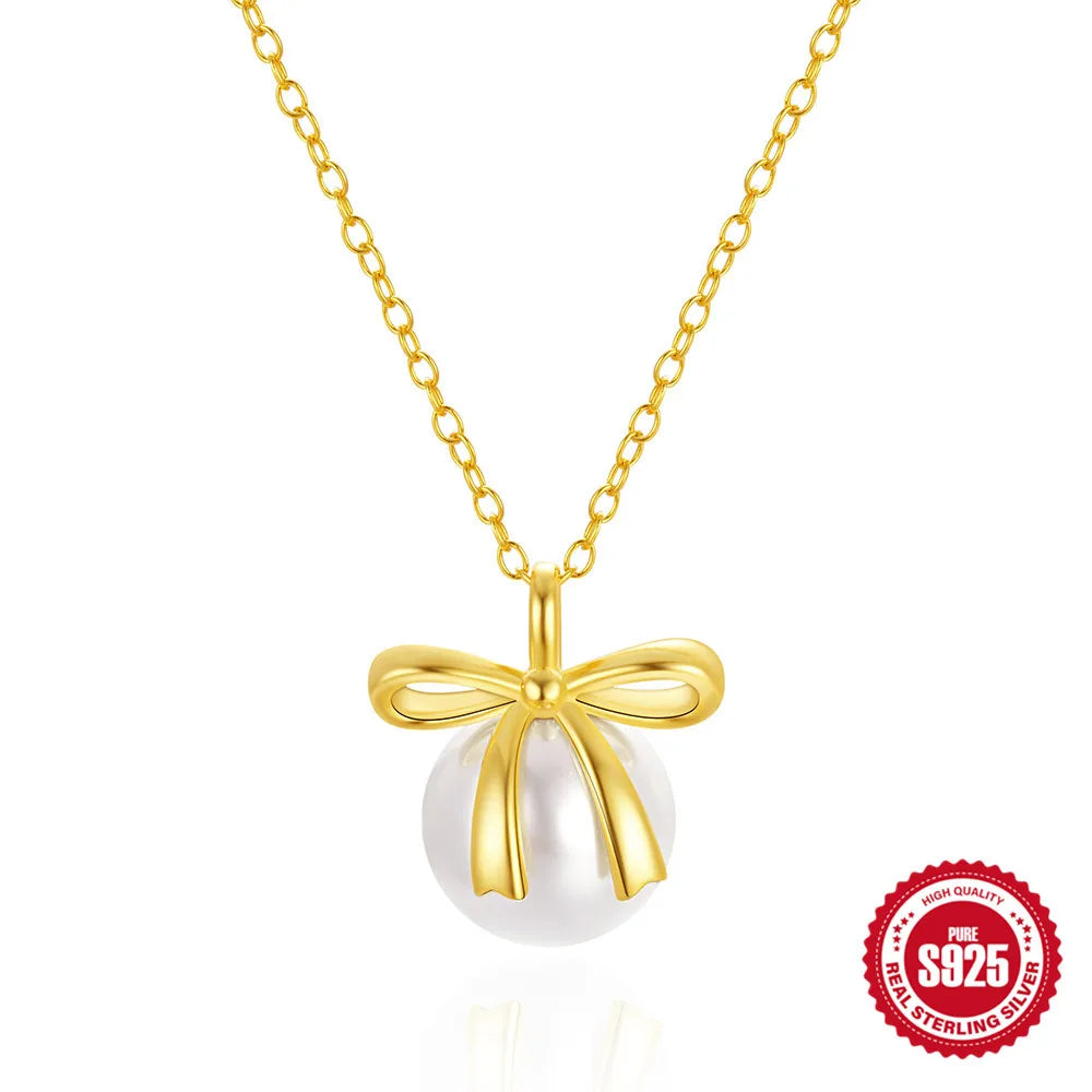 Sterling Silver Sweet Simple Style Plating Inlay Bow Knot Artificial Pearls Pendant Necklace