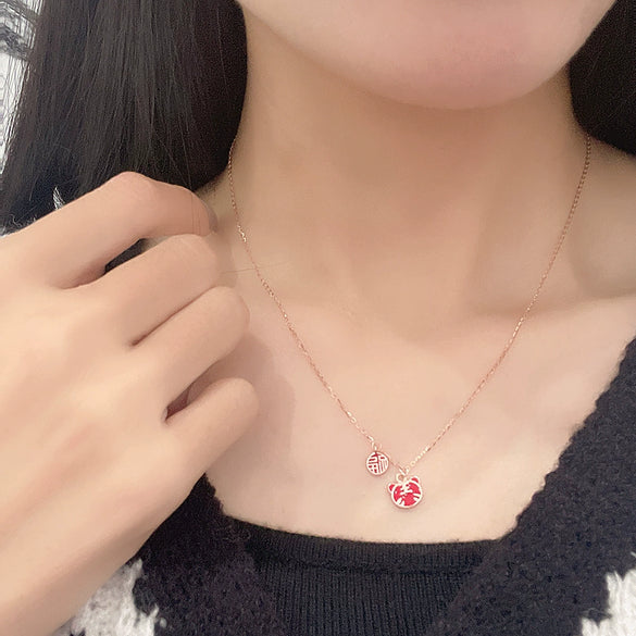 925 Sterling Silver Tiger Zodiac Pendant Necklace For Women With Red Enamel Geometric Pendant And Electroplated Collarbone Chain