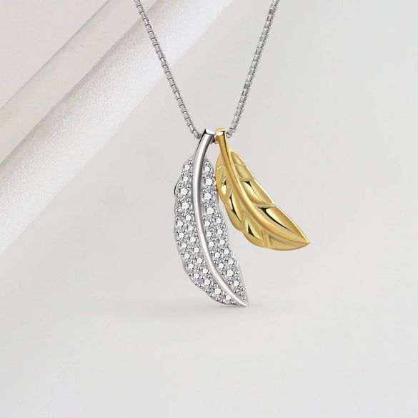 925 Sterling Silver Two Tone Feather Pendant Necklace Geometric Electroplated Clavicle Chain For Women