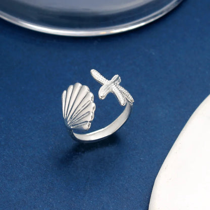 925 Silver Vacation Japanese Style Simple Style Asymmetrical Starfish Shell Open Rings