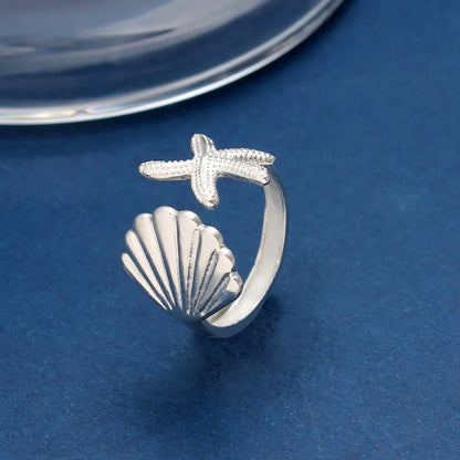 925 Silver Vacation Japanese Style Simple Style Asymmetrical Starfish Shell Open Rings