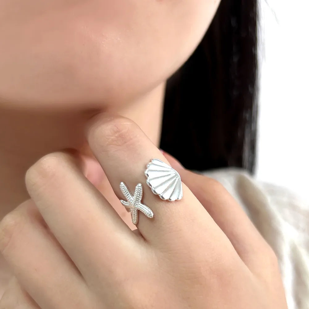 925 Silver Vacation Japanese Style Simple Style Asymmetrical Starfish Shell Open Rings