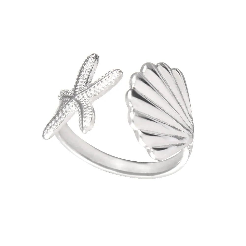 925 Silver Vacation Japanese Style Simple Style Asymmetrical Starfish Shell Open Rings