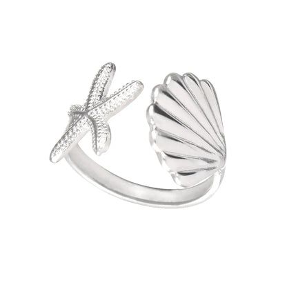 925 Silver Vacation Japanese Style Simple Style Asymmetrical Starfish Shell Open Rings