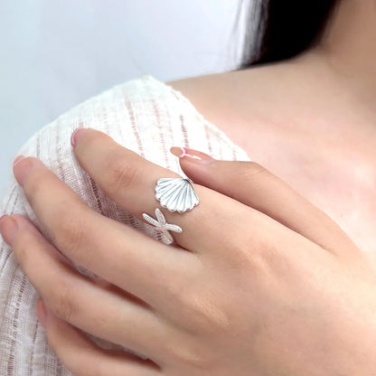 925 Silver Vacation Japanese Style Simple Style Asymmetrical Starfish Shell Open Rings