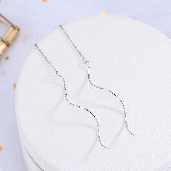 Sterling Silver Wave Threader Earrings For Women Delicate Geometric Tassel Ear Line Drop Earrings