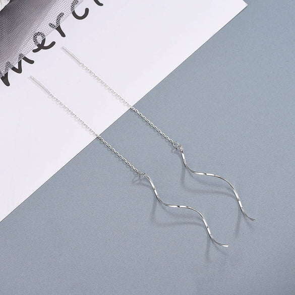 Sterling Silver Wave Threader Earrings For Women Delicate Geometric Tassel Ear Line Drop Earrings