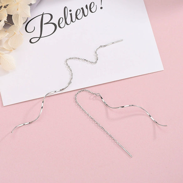 Sterling Silver Wave Threader Earrings For Women Delicate Geometric Tassel Ear Line Drop Earrings