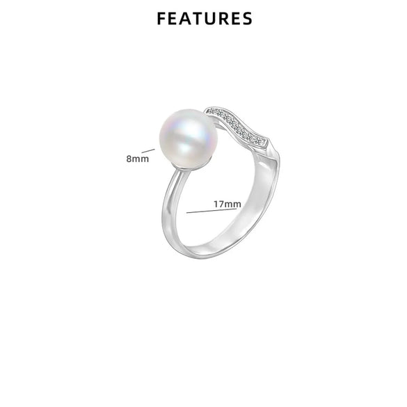 Sterling Silver White Gold Plated Elegant Glam Geometric Polishing Inlay Freshwater Pearl Zircon Open Rings