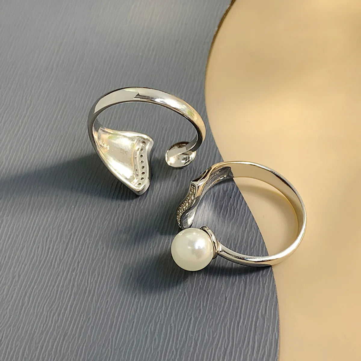 Sterling Silver White Gold Plated Elegant Glam Geometric Polishing Inlay Freshwater Pearl Zircon Open Rings