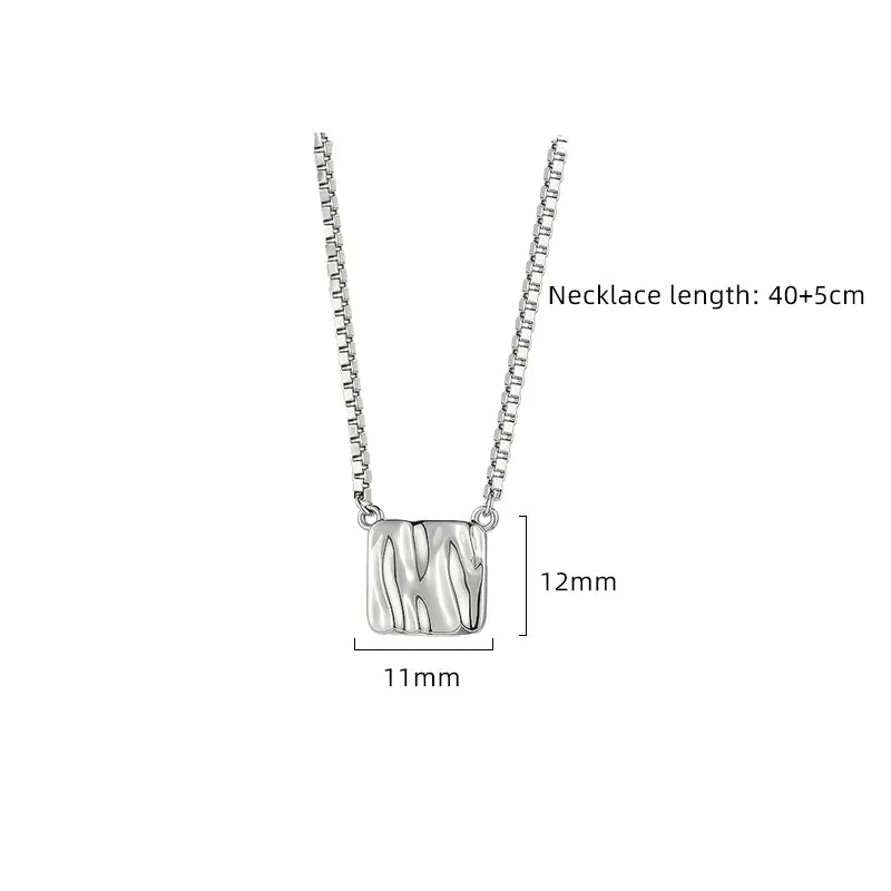 Sterling Silver White Gold Plated Elegant Polishing Pleated Square Pendant Necklace