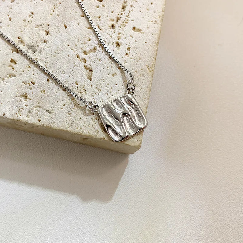 Sterling Silver White Gold Plated Elegant Polishing Pleated Square Pendant Necklace