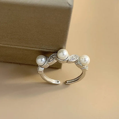 Sterling Silver White Gold Plated Elegant Simple Style Polishing Inlay Geometric Pearl Open Rings