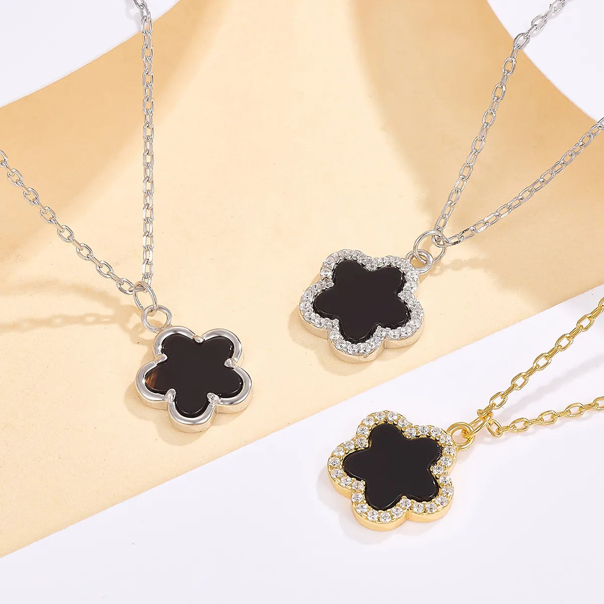 Sterling Silver White Gold Plated Gold Plated Cute Sweet Inlay Flower Agate Zircon Pendant Necklace