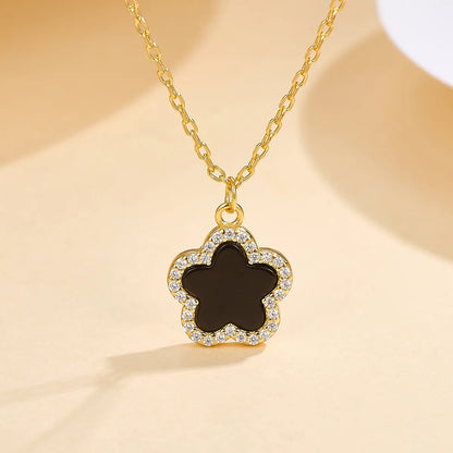 Sterling Silver White Gold Plated Gold Plated Cute Sweet Inlay Flower Agate Zircon Pendant Necklace