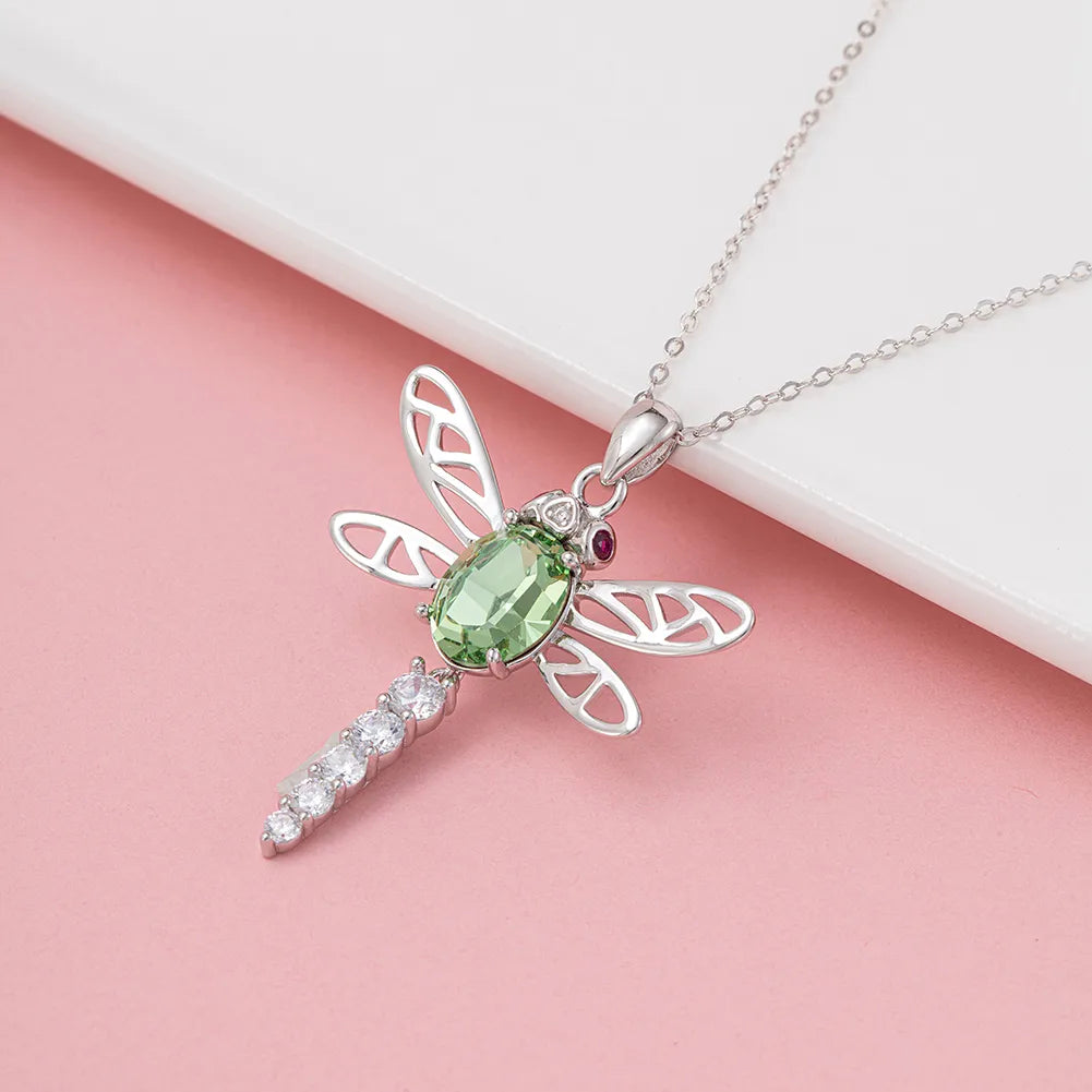 Sterling Silver White Gold Plated IG Style Simple Style Shiny Handmade Polishing Inlay Dragonfly Zircon Pendant Necklace