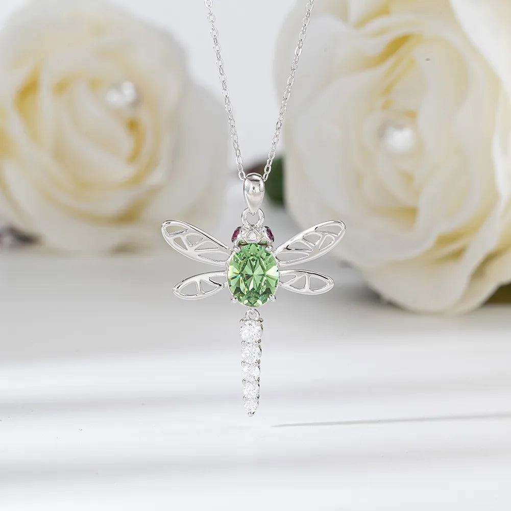 Sterling Silver White Gold Plated IG Style Simple Style Shiny Handmade Polishing Inlay Dragonfly Zircon Pendant Necklace