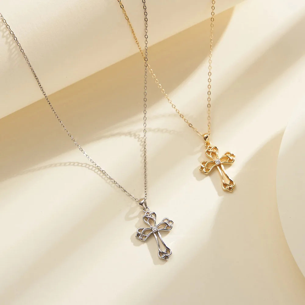 Sterling Silver White Gold Plated Polishing Hollow Out Inlay Cross Zircon Pendant Necklace