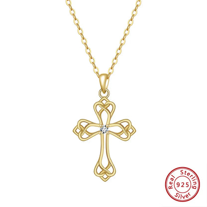 Sterling Silver White Gold Plated Polishing Hollow Out Inlay Cross Zircon Pendant Necklace