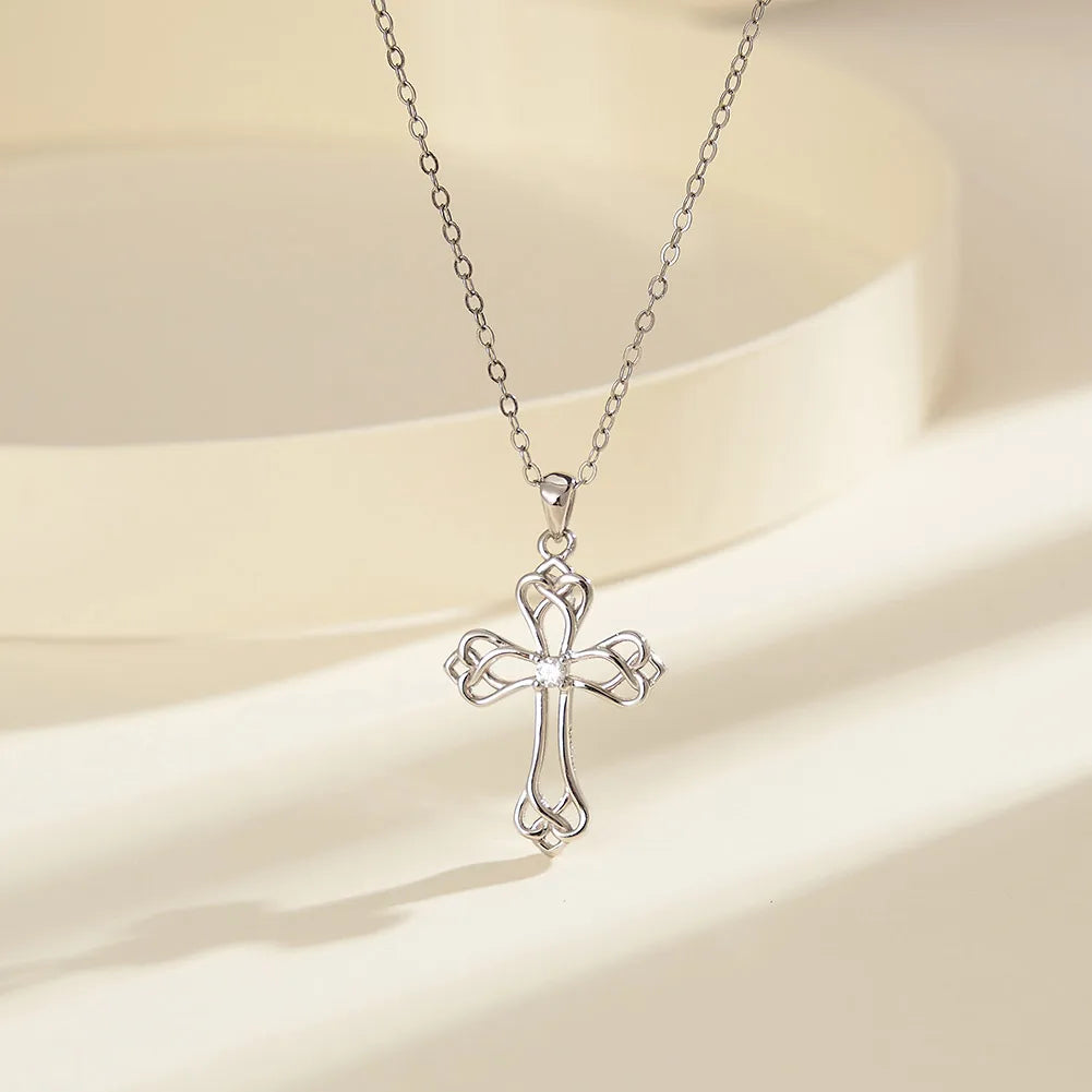 Sterling Silver White Gold Plated Polishing Hollow Out Inlay Cross Zircon Pendant Necklace