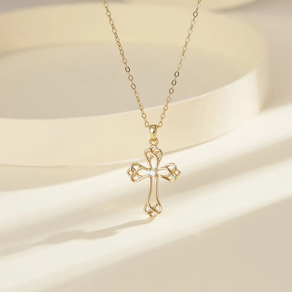 Sterling Silver White Gold Plated Polishing Hollow Out Inlay Cross Zircon Pendant Necklace