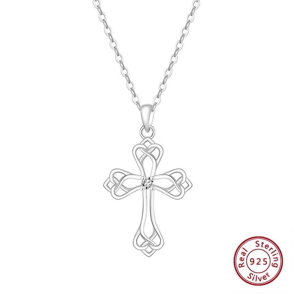 Sterling Silver White Gold Plated Polishing Hollow Out Inlay Cross Zircon Pendant Necklace